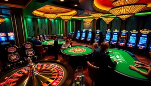 Experience the thrill of UU 88 casino games with players at poker tables and a spinning roulette wheel.