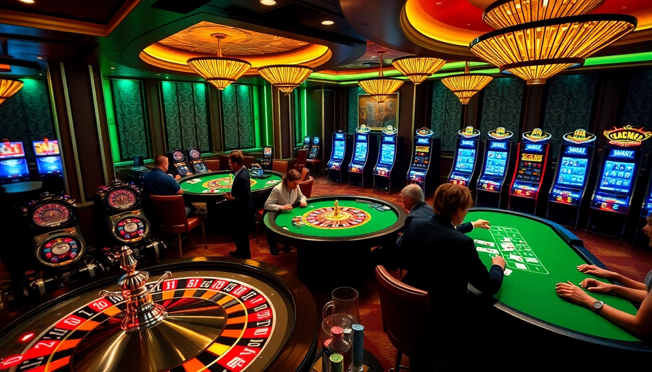 Experience the thrill of UU 88 casino games with players at poker tables and a spinning roulette wheel.