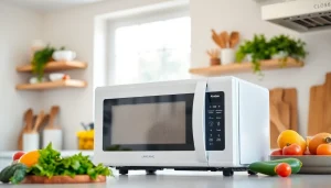 Showcasing an affordable microwave oven in a modern kitchen setting highlighting its usability and design.