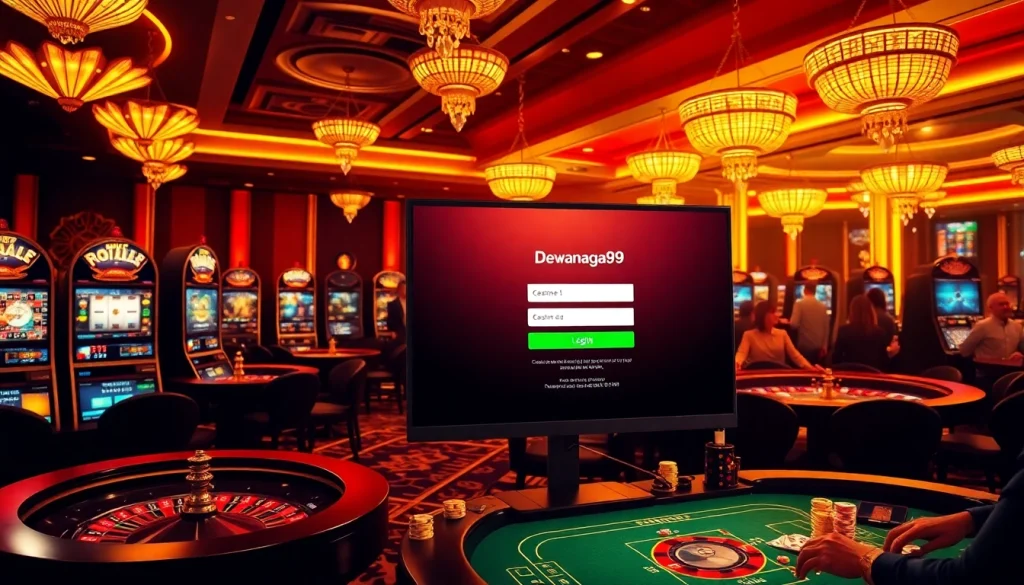 Antarmuka login Dewanaga89 ditampilkan dalam suasana kasino yang elegan dengan pencahayaan yang cerah dan elemen perjudian.