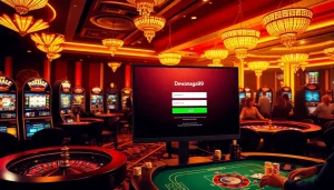 Antarmuka login Dewanaga89 ditampilkan dalam suasana kasino yang elegan dengan pencahayaan yang cerah dan elemen perjudian.