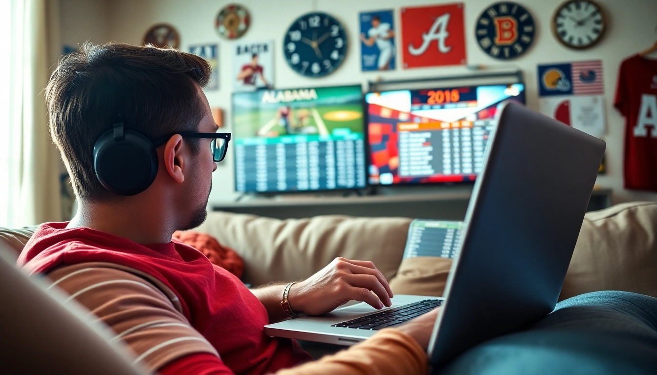 Engaging scene of online sports betting Alabama with a fan using a laptop at home, highlighted by sports memorabilia.