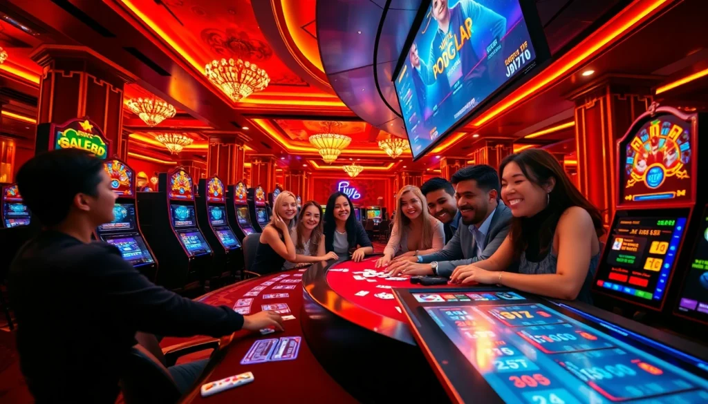 Exciting casino atmosphere featuring FLY88 VIP players enjoying high-stakes games with luxurious decor.