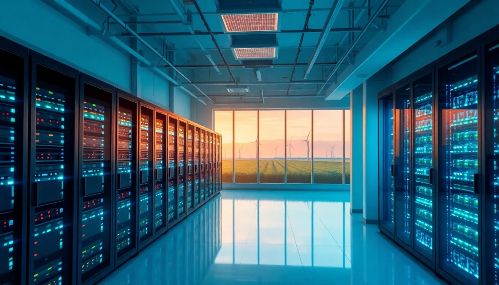 Bitcoin cloud mining facility featuring advanced AI technology and renewable energy.