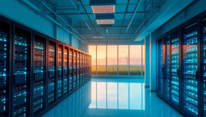 Bitcoin cloud mining facility featuring advanced AI technology and renewable energy.