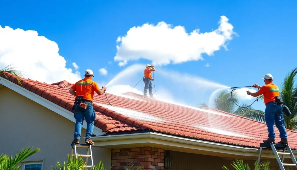 Roof cleaning by professionals in Kissimmee, FL, showcasing a safe and effective soft washing technique.
