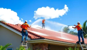 Roof cleaning by professionals in Kissimmee, FL, showcasing a safe and effective soft washing technique.