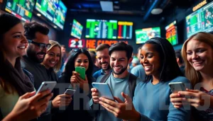 Engaged bettors enjoying online sports betting South Carolina in a vibrant sports bar setting.