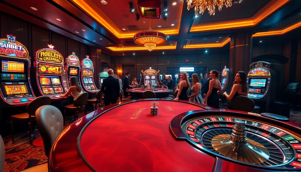 Experience the thrill at SHBET with an elegant casino showcasing high-stakes poker and vibrant slot machines.