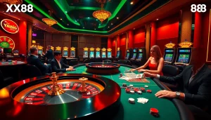 Experience thrilling gameplay at XX88, featuring poker tables, roulette, and vibrant slot machines.