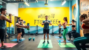 Fitness coach engaging clients while overcoming a weight loss plateau in an energetic gym setting.