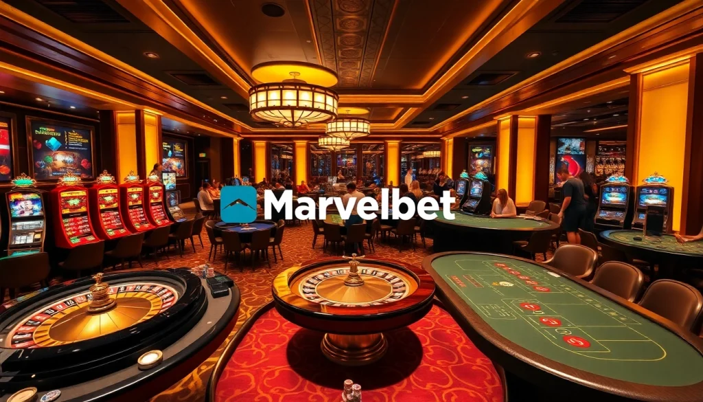 Marvelbet casino scene with players enjoying table games and vibrant slot machines.