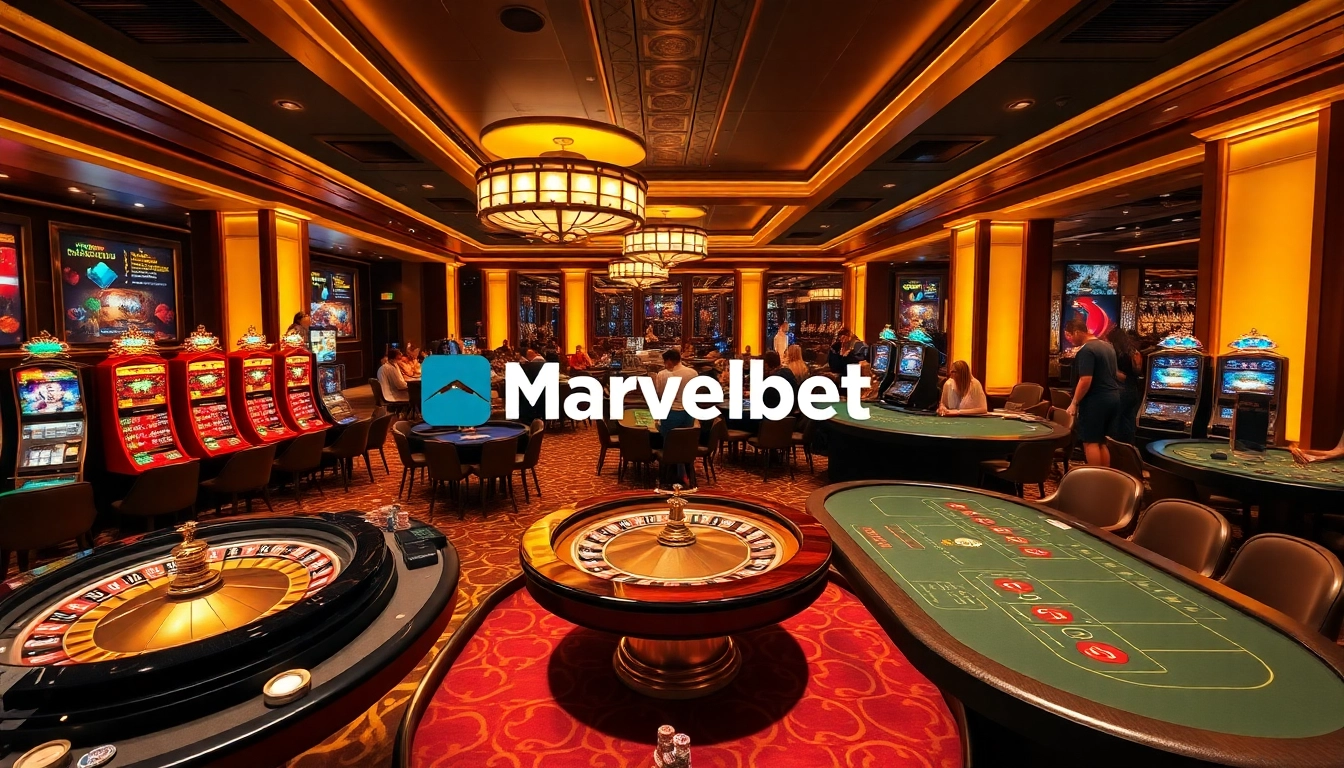 Marvelbet casino scene with players enjoying table games and vibrant slot machines.