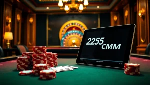 Players enjoying high-stakes poker at PH22255.COM with luxurious elements and modern gambling interfaces.