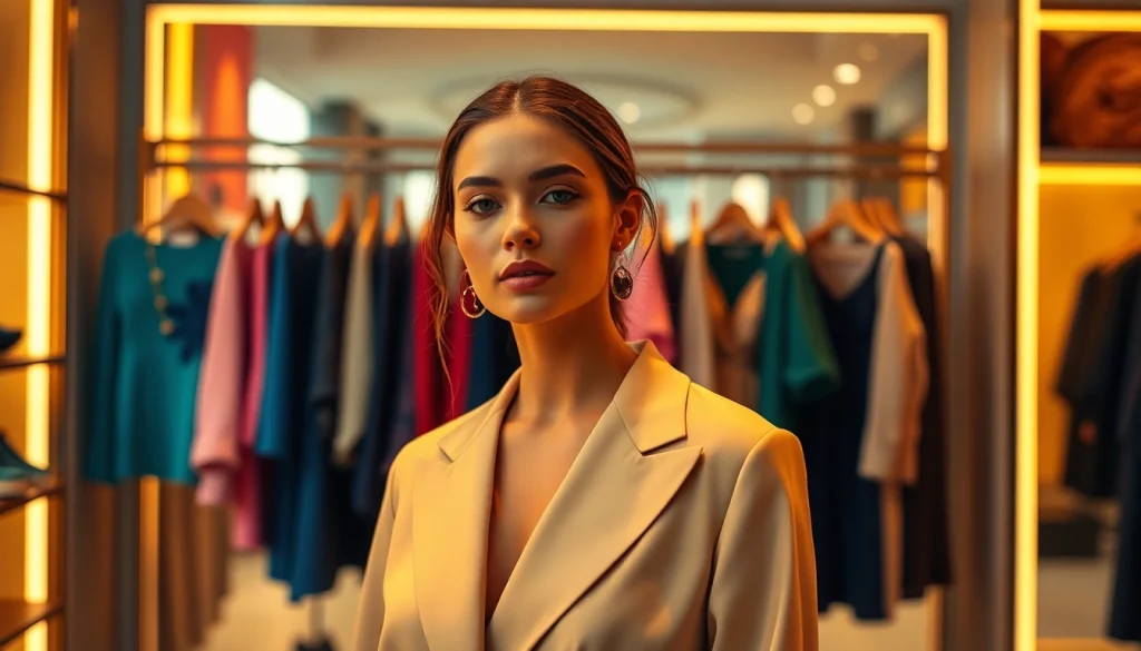 Stylish Rivelle clothing showcased in a fashionable boutique atmosphere, exuding elegance and luxury.