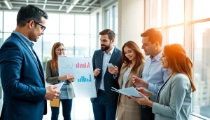 Analyzing competitor pricing data with a professional team in a modern office setting.