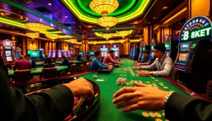 Engaged players enjoying high-stakes poker and roulette at 8KBET casino, showcasing excitement and luxury.