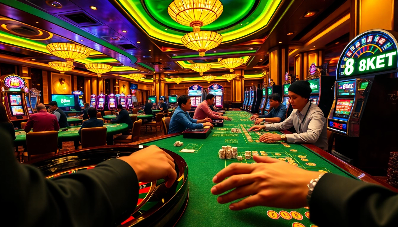 Engaged players enjoying high-stakes poker and roulette at 8KBET casino, showcasing excitement and luxury.