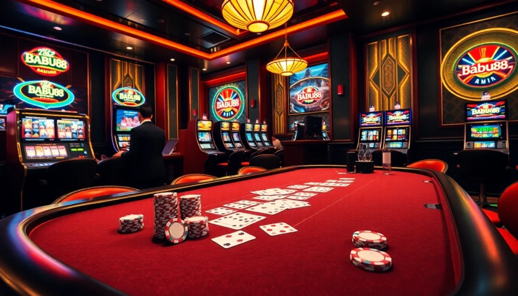 Babu88 casino scene featuring poker chips, slot machines, and vibrant games atmosphere.