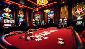 Babu88 casino scene featuring poker chips, slot machines, and vibrant games atmosphere.