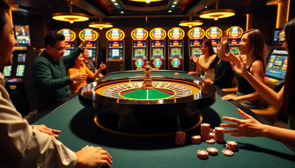 KJC gaming table action with roulette wheel, vibrant players, and colorful casino ambiance.
