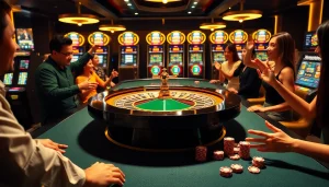 KJC gaming table action with roulette wheel, vibrant players, and colorful casino ambiance.
