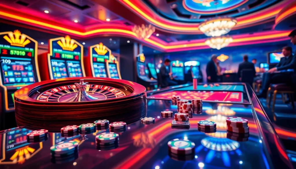 Engaging scene of gamblers using sbobet link alternatif, featuring online slots and poker action.