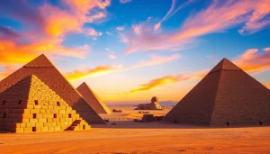 A breathtaking view of piraminds at sunset, showcasing their intricate textured details against a vibrant sky.