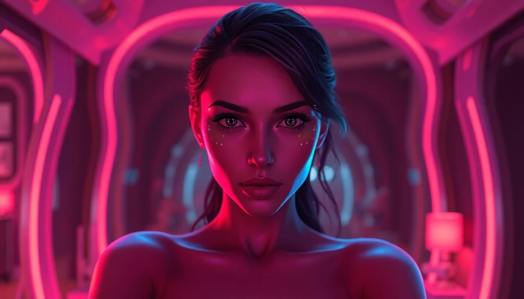 AI sex virtual girlfriend in a futuristic, ambient scene, captivating and engaging.