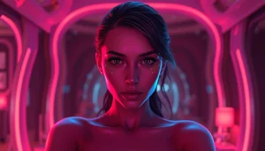 AI sex virtual girlfriend in a futuristic, ambient scene, captivating and engaging.