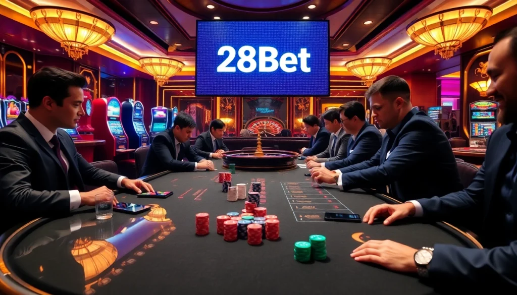 Players strategizing in a high-stakes poker game at 28Bet casino venue.