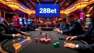 Players strategizing in a high-stakes poker game at 28Bet casino venue.