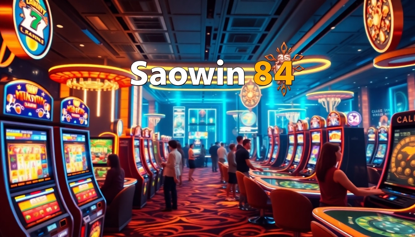 Trải nghiệm chơi game trực tuyến Saowin 84, thể hiện môi trường casino sống động và các máy đánh bạc tương tác.