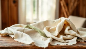 Hoogwaardige linnen stoffen in een serene en uitnodigende opstelling op een houten tafel.