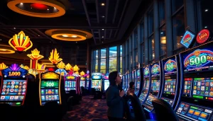 Permainan slot depo 1000 dengan latar belakang suasana kasino yang meriah.