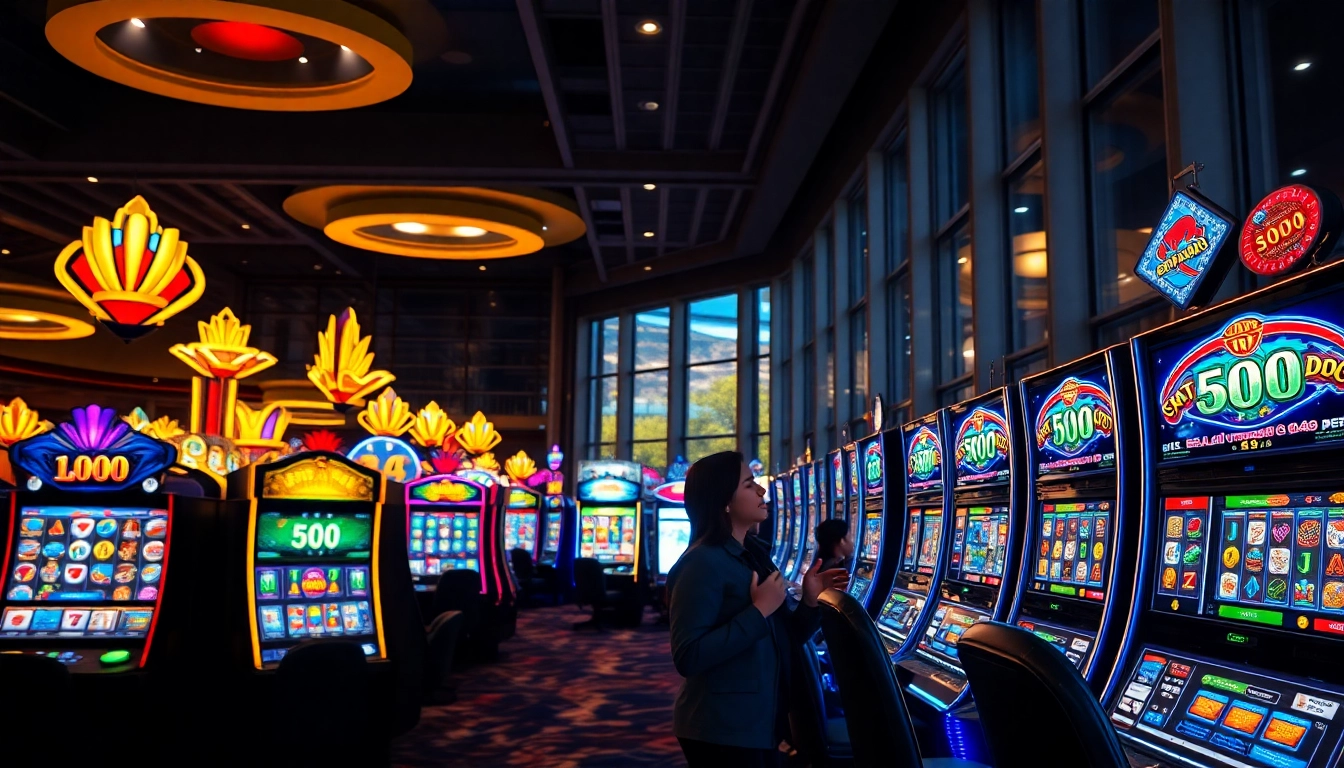 Permainan slot depo 1000 dengan latar belakang suasana kasino yang meriah.