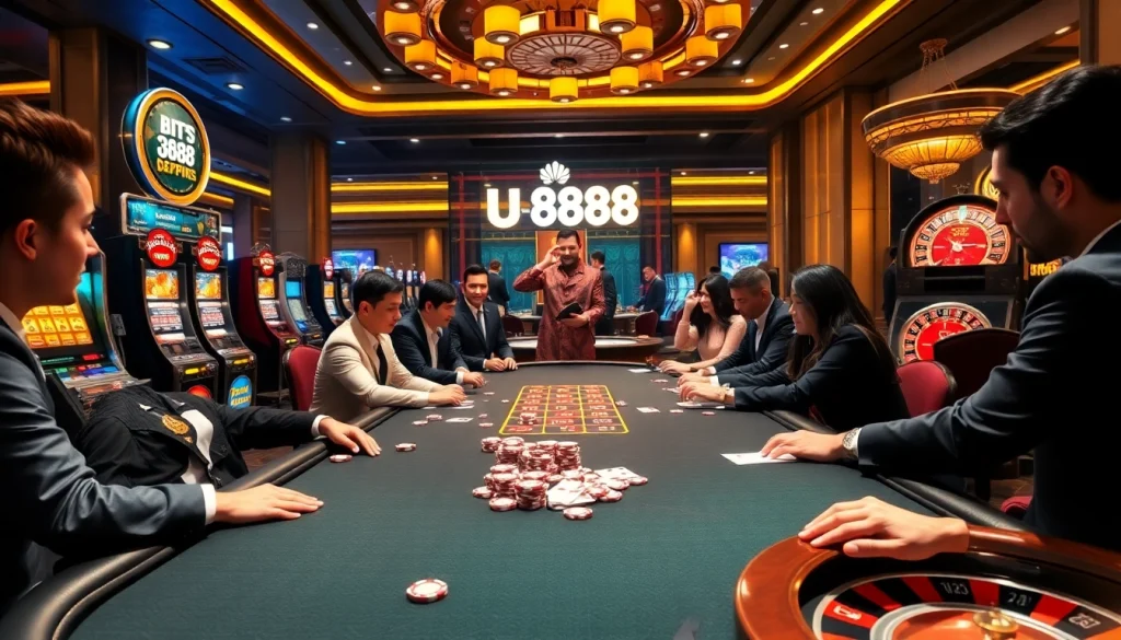 Experience the excitement of Nhà cái U888 with vibrant casino visuals featuring engaging gaming tables and professional dealers.
