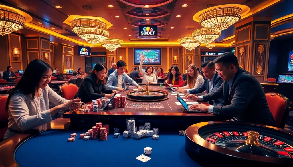 Experience thrilling sbobet login with excited players at a vibrant casino table filled with poker chips and cards.