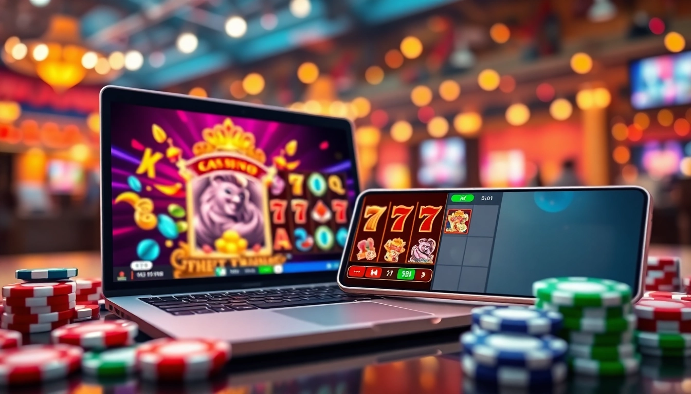 Menampilkan slot depo 1k dengan perangkat komputer dan ponsel di tengah suasana kasino yang cerah dan mengundang.