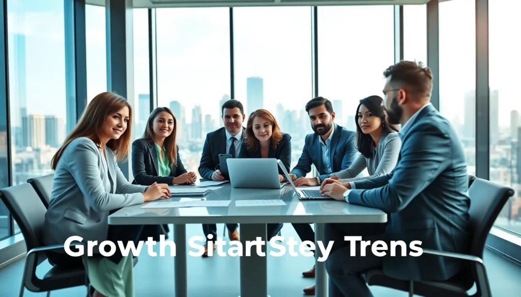 Engaged team discussing growth strategy trends in a modern office setting.