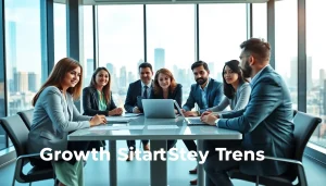 Engaged team discussing growth strategy trends in a modern office setting.