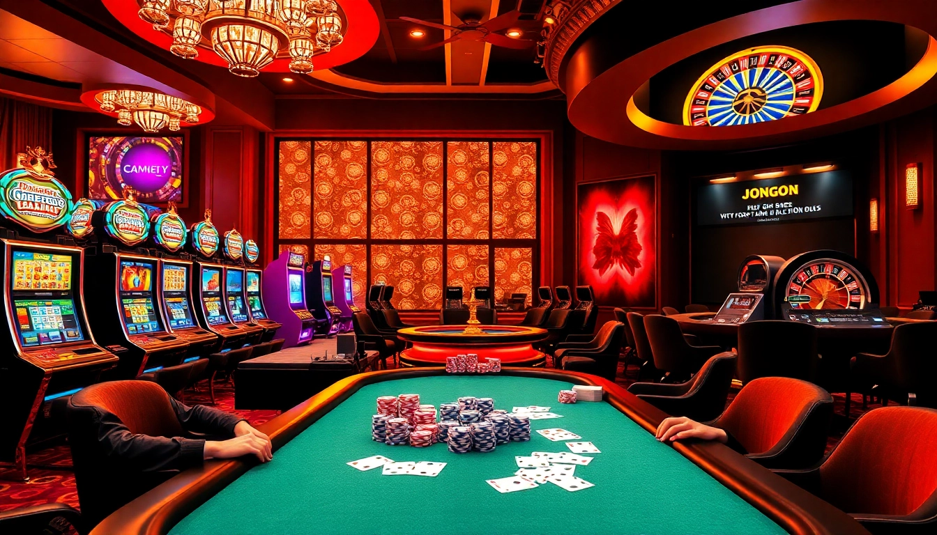Experience the excitement of gambling at https://jun88.buzz/ with a vibrant casino scene featuring poker tables and slot machines.