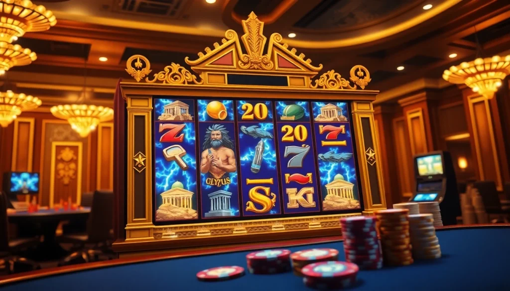 Putar mesin slot Olympus di tengah kasino mewah yang dipenuhi simbol-simbol mitologi Yunani.