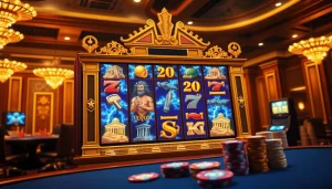 Putar mesin slot Olympus di tengah kasino mewah yang dipenuhi simbol-simbol mitologi Yunani.