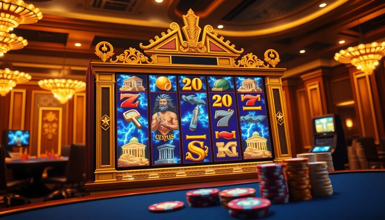 Putar mesin slot Olympus di tengah kasino mewah yang dipenuhi simbol-simbol mitologi Yunani.