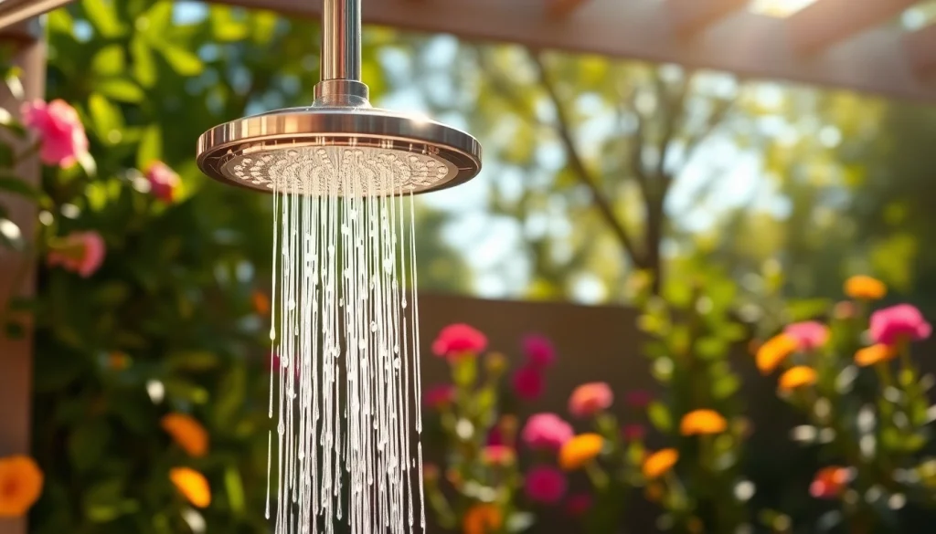 Experience sunny shower USA with a luxurious outdoor shower set in a serene garden.