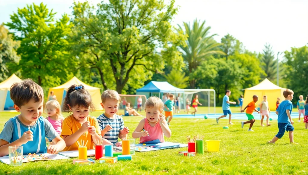 Children enjoying different activities at holiday camps during a sunny summer day.