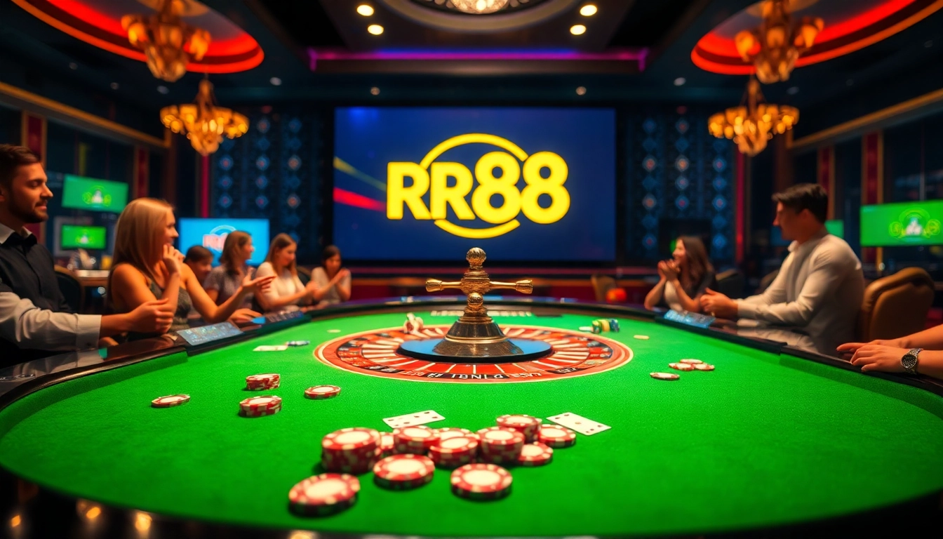 Experience the excitement of gambling at RR88 with high-stakes roulette and vibrant casino elements.