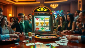 Players experiencing the excitement of nổ hũ slot machine wins in a luxurious casino.