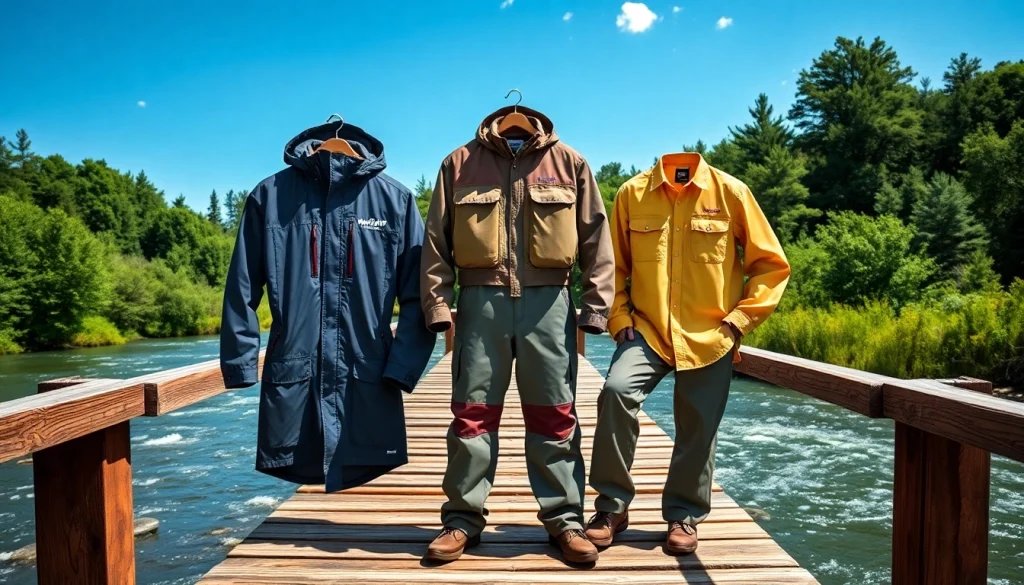 Showcasing stylish fly fishing apparel with breathable fabrics against a serene river backdrop.